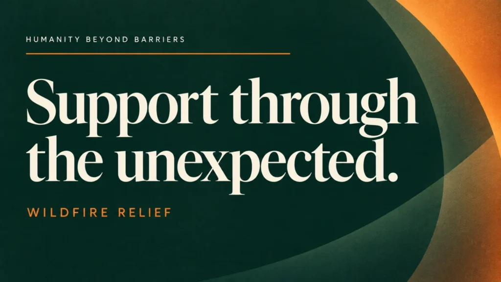Editorial banner about california wildfire relief for HBB, using abstract shapes and typography; not a documentary photograph.