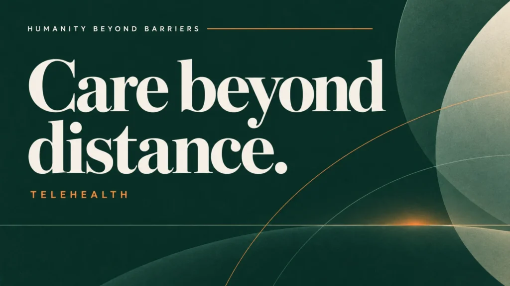 Editorial banner about remote healthcare access in bangladesh for HBB, using abstract shapes and typography; not a documentary photograph.