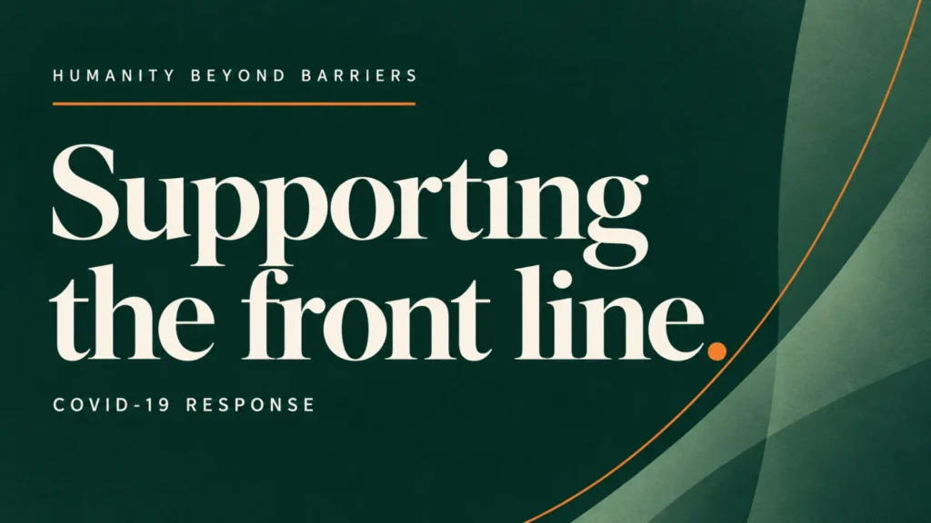 Editorial banner about covid-19 frontline support for HBB, using abstract shapes and typography; not a documentary photograph.