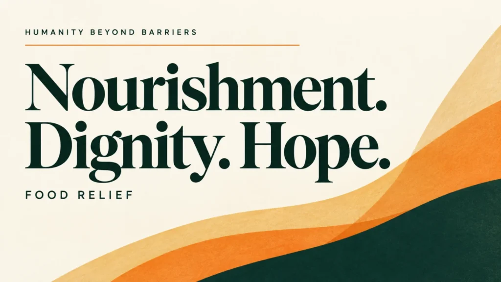 Editorial banner about food support during covid-19 hardship for HBB, using abstract shapes and typography; not a documentary photograph.