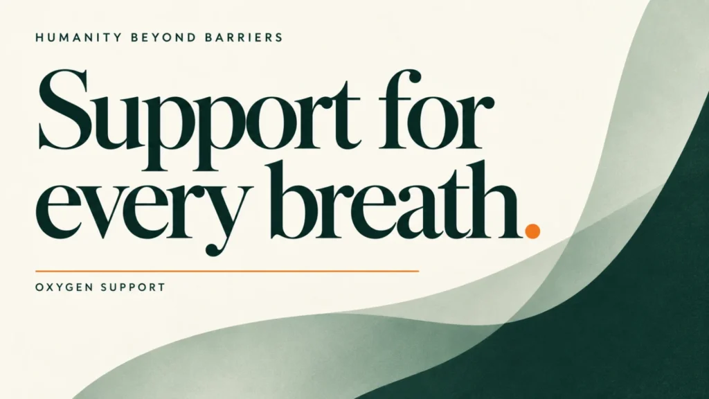 Editorial banner about oxygen supply and breathing support for HBB, using abstract shapes and typography; not a documentary photograph.